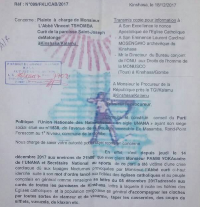 L’Abbé Vincent Tshomba serait convoqué au parquet pour tapage nocturne